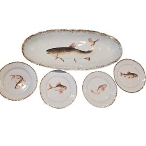 Antique Victoria Carlsbad Austria Fish Platter and Plates 5pc Set Gold Gilt READ